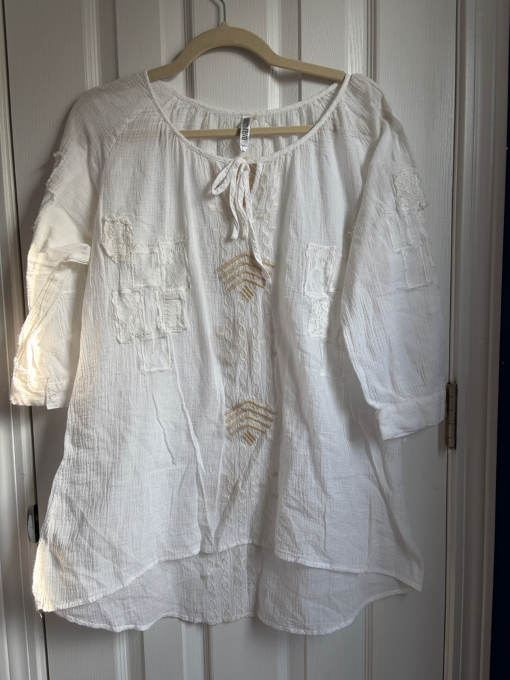 White Embroidered Tie-Neck Cotton Tunic Blouse Beach Cover up Size Large